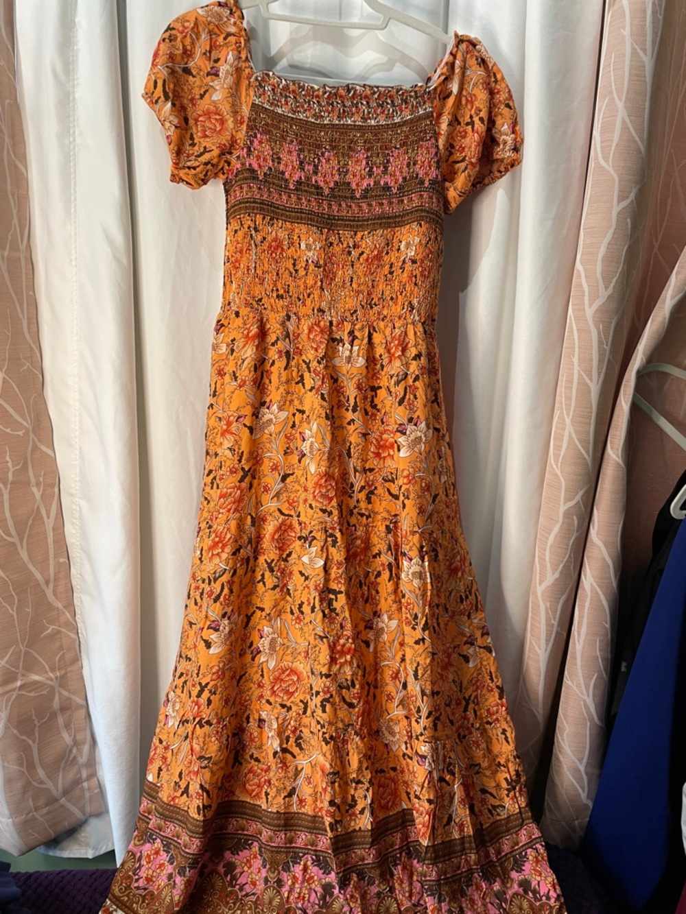 Allegra K Orange Floral Smocked Maxi Dress with Puff Sleeves
